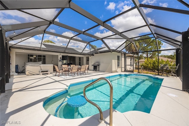 swimming pool featuring a patio, outdoor dining space, a lanai, and a grill