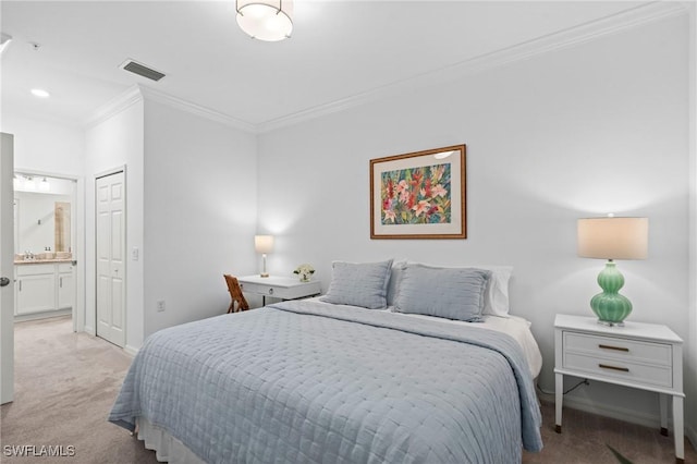 bedroom featuring visible vents, crown molding, light carpet, baseboards, and connected bathroom