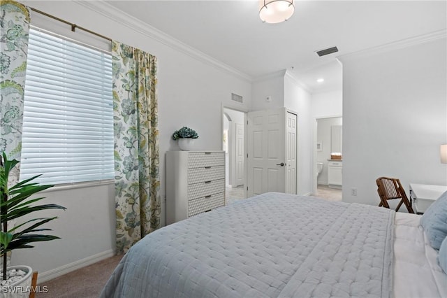carpeted bedroom featuring baseboards, ornamental molding, visible vents, and multiple windows