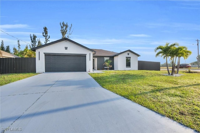 single story home with concrete driveway, a garage, stucco siding, and a front yard