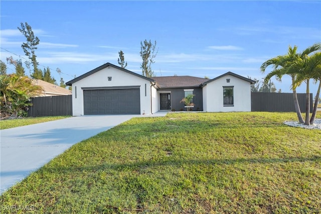 single story home featuring fence, a garage, stucco siding, and a front yard