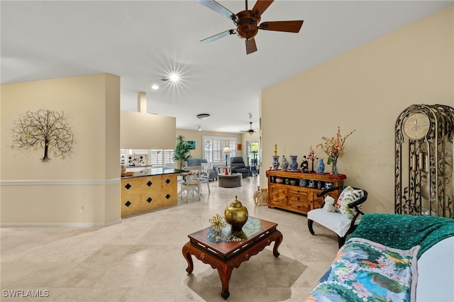 4748 San Carlo Ct, Naples, FL 34109 - tiled living room featuring a ceiling fan and recessed lighting