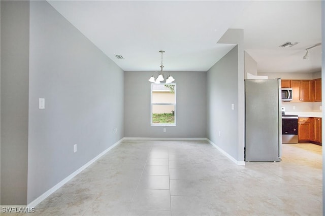 1821 SW 25th St, Cape Coral, FL 33914 - unfurnished dining area featuring light tile patterned floors, baseboards, a chandelier, and visible vents