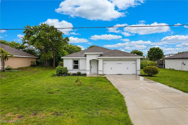 1821 SW 25th St, Cape Coral, FL 33914 - ranch-style home featuring a garage, a front lawn, roof with shingles, stucco siding, and concrete driveway