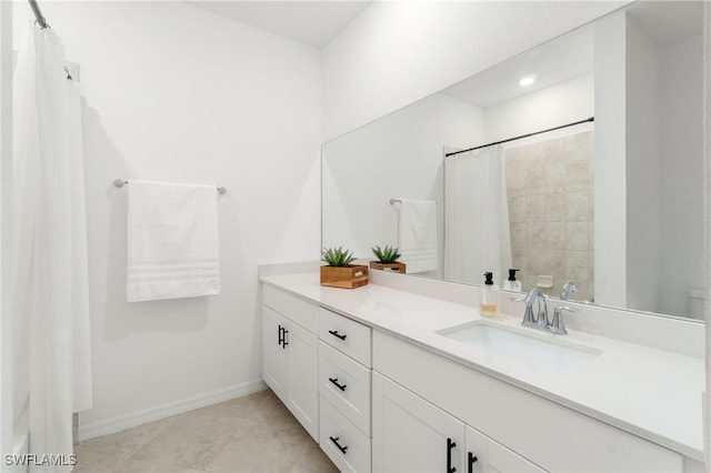 bathroom with vanity, curtained shower, recessed lighting, tile patterned flooring, and baseboards