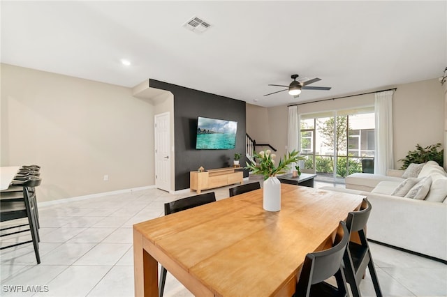dining room featuring recessed lighting, light tile patterned floors, baseboards, ceiling fan, and visible vents