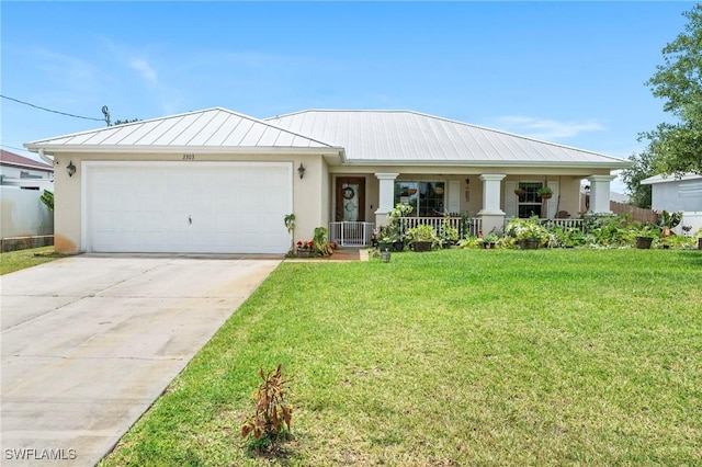 3303 32nd St SW, Lehigh Acres, FL 33976 - view of front of property with a porch, stucco siding, a front yard, an attached garage, and driveway