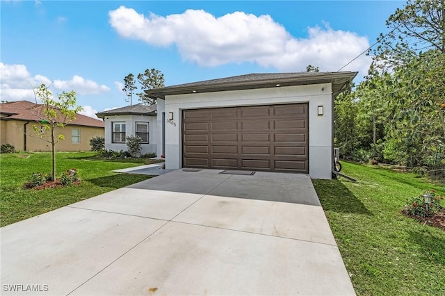 single story home with an attached garage, a front lawn, stucco siding, and concrete driveway