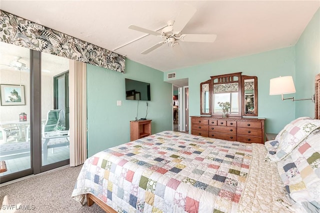 carpeted bedroom featuring visible vents, ceiling fan, and access to exterior