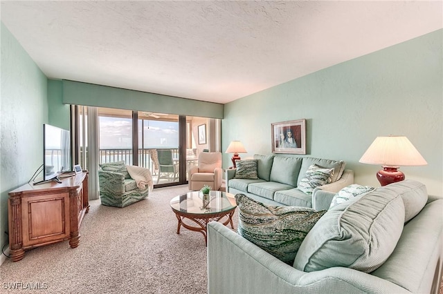 living room with light carpet and a textured ceiling