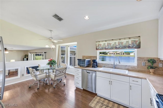 13760 Silver Lake Ct, Fort Myers, FL 33912 - kitchen featuring visible vents, a healthy amount of sunlight, ceiling fan, a sink, and stainless steel appliances