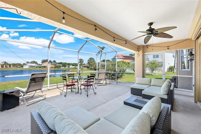 13760 Silver Lake Ct, Fort Myers, FL 33912 - view of patio with an outdoor hangout area, a lanai, a water view, and ceiling fan