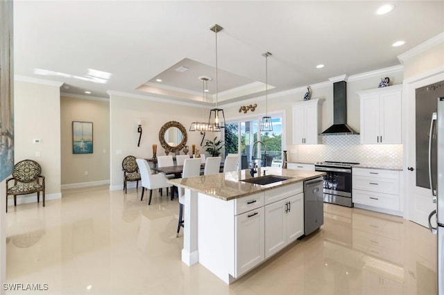 1978 San Marco Rd, Marco Island, FL 34145 - kitchen with wall chimney range hood, appliances with stainless steel finishes, a sink, crown molding, and tasteful backsplash