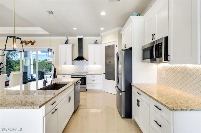 1978 San Marco Rd, Marco Island, FL 34145 - kitchen with stainless steel appliances, wall chimney range hood, crown molding, backsplash, and a sink
