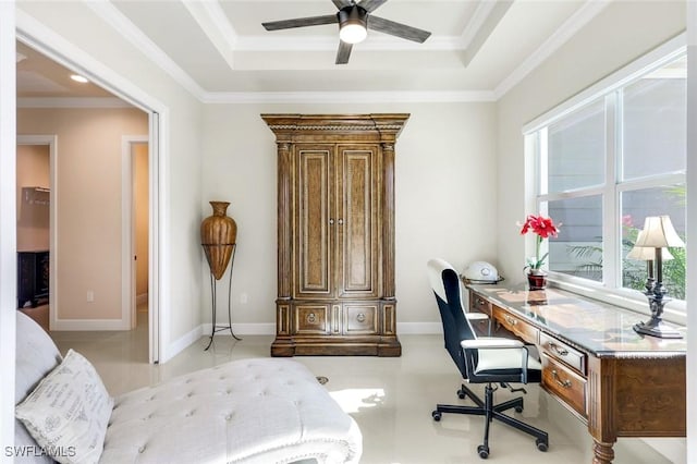 1978 San Marco Rd, Marco Island, FL 34145 - office featuring a ceiling fan, a raised ceiling, ornamental molding, and baseboards