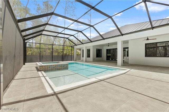 4693 13th Ave SW, Naples, FL 34116 - view of swimming pool with a pool with connected hot tub, a patio area, a ceiling fan, and glass enclosure