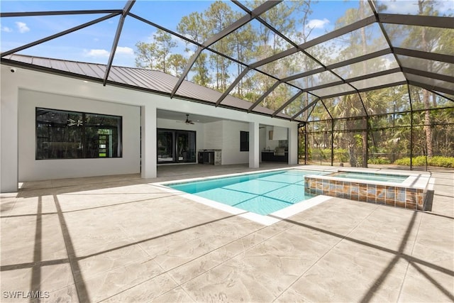 4693 13th Ave SW, Naples, FL 34116 - view of pool with a patio, a pool with connected hot tub, ceiling fan, and glass enclosure