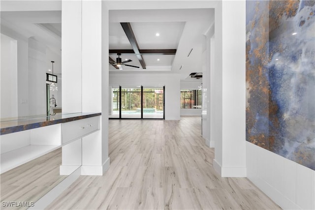 4693 13th Ave SW, Naples, FL 34116 - hallway featuring coffered ceiling, light wood finished floors, beamed ceiling, and baseboards