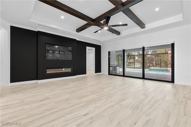 4693 13th Ave SW, Naples, FL 34116 - unfurnished living room with a large fireplace, coffered ceiling, beam ceiling, and wood finished floors