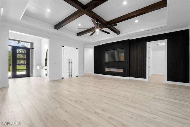 4693 13th Ave SW, Naples, FL 34116 - unfurnished living room with a ceiling fan, beamed ceiling, light wood-style floors, and coffered ceiling