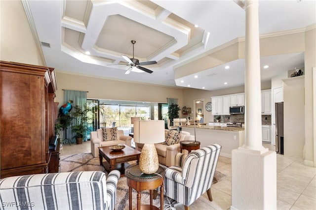3824 SW 11th Pl, Cape Coral, FL 33914 - living area with ornate columns, crown molding, ceiling fan, and light tile patterned floors