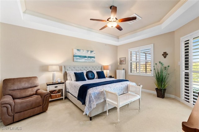 3824 SW 11th Pl, Cape Coral, FL 33914 - bedroom featuring ceiling fan, light colored carpet, a raised ceiling, visible vents, and ornamental molding