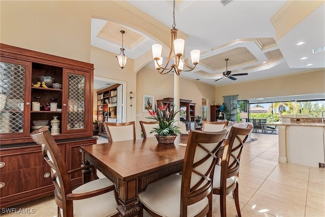 3824 SW 11th Pl, Cape Coral, FL 33914 - dining space featuring crown molding, arched walkways, a ceiling fan, light tile patterned floors, and coffered ceiling