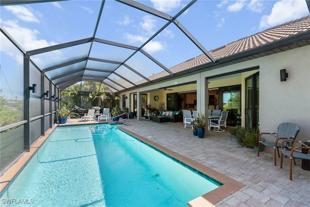3824 SW 11th Pl, Cape Coral, FL 33914 - pool featuring a ceiling fan, a lanai, an outdoor living space, and a patio area