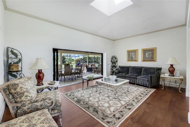 16902 Timberlakes Dr, Fort Myers, FL 33908 - living room with crown molding, wood finished floors, and a skylight