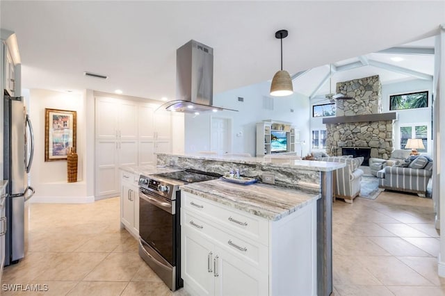 16902 Timberlakes Dr, Fort Myers, FL 33908 - kitchen featuring stainless steel appliances, island exhaust hood, light tile patterned flooring, light stone counters, and white cabinetry