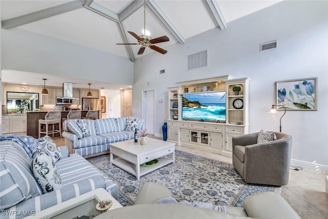 16902 Timberlakes Dr, Fort Myers, FL 33908 - living room featuring high vaulted ceiling, a ceiling fan, beamed ceiling, and baseboards