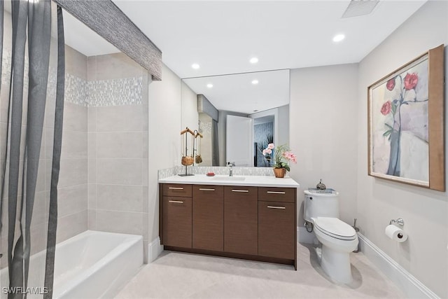 bathroom with toilet, shower / washtub combination, vanity, visible vents, and recessed lighting