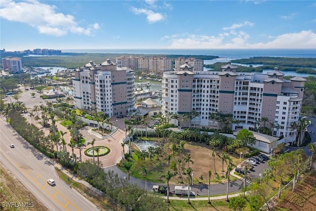 aerial view with a water view and a view of city