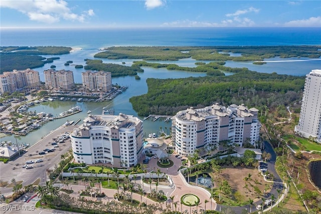 drone / aerial view with a city view and a water view