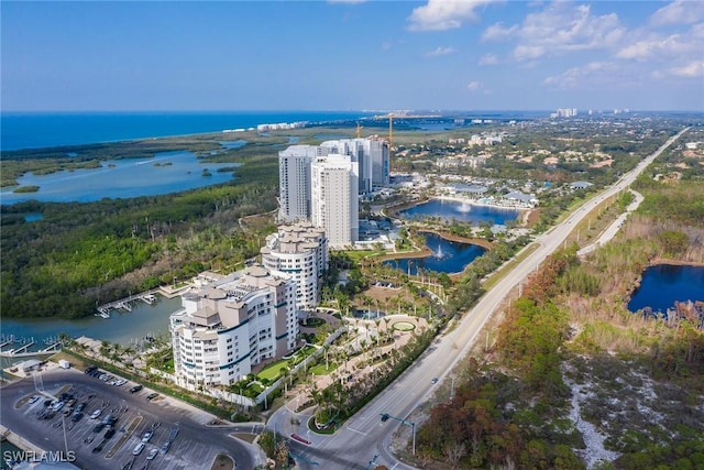 bird's eye view with a water view and a view of city