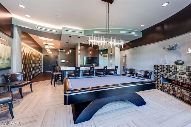 recreation room featuring billiards and recessed lighting
