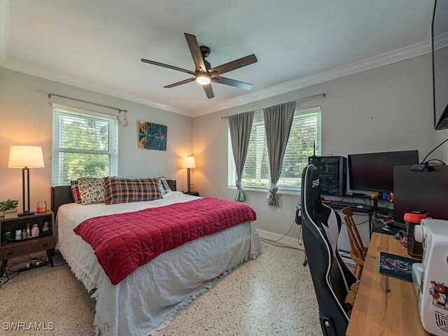 5521 Shaddelee Ln W, Fort Myers, FL 33919 - bedroom featuring speckled floor, multiple windows, a desk, crown molding, and baseboards
