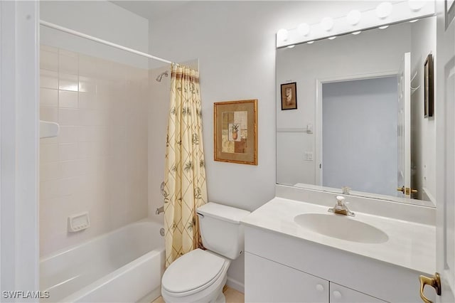 full bath with toilet, shower / tub combo, and vanity