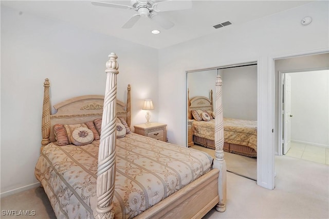 bedroom with a ceiling fan, a closet, recessed lighting, visible vents, and light carpet