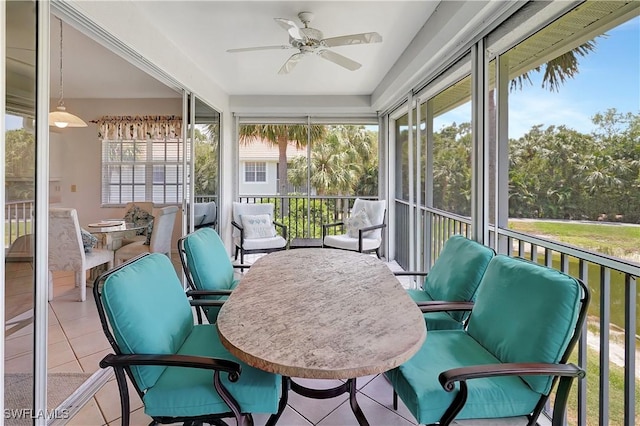 sunroom / solarium featuring ceiling fan