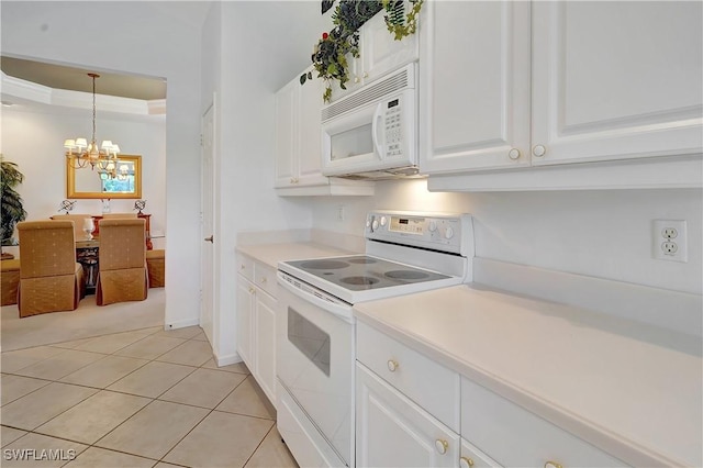 kitchen with white cabinetry, a chandelier, white appliances, and light countertops
