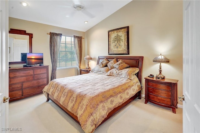 carpeted bedroom featuring baseboards, lofted ceiling, ceiling fan, and recessed lighting