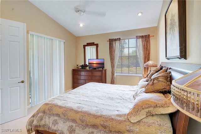 bedroom with vaulted ceiling, ceiling fan, and recessed lighting