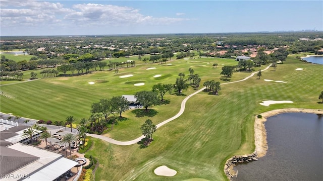 aerial view featuring a water view and golf course view
