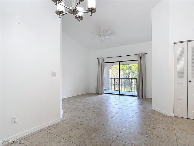 2178 Arbour Walk Cir Unit 2322, Naples, FL 34109 - empty room featuring a chandelier, baseboards, ceiling fan, light tile patterned floors, and high vaulted ceiling
