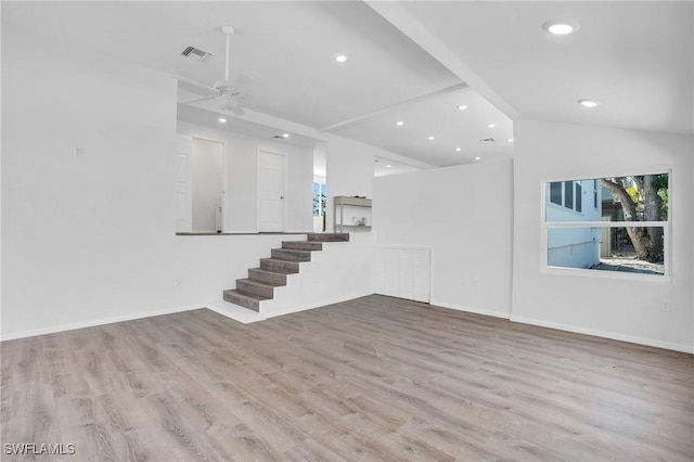 351 Jefferson Ct, Fort Myers Beach, FL 33931 - unfurnished living room with a ceiling fan, visible vents, wood finished floors, lofted ceiling, and recessed lighting