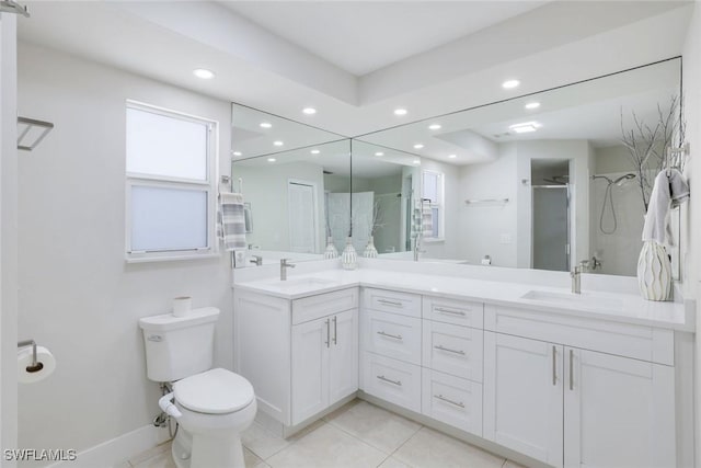2855 66th St SW, Naples, FL 34105 - bathroom with recessed lighting, a stall shower, toilet, double vanity, and tile patterned flooring