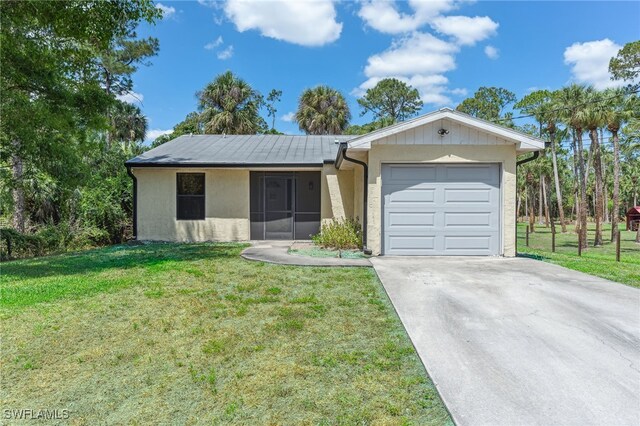 ranch-style house featuring concrete driveway, an attached garage, stucco siding, and a front lawn