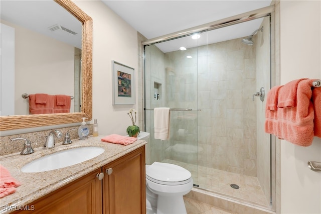 bathroom featuring visible vents, vanity, toilet, and a shower stall