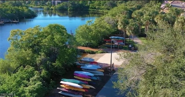birds eye view of property with a water view and a wooded view